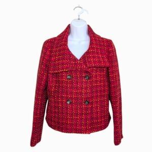 Talbots Wool Blend Tweed Red Orange Double Breasted Blazer Lined Fall Holiday 8